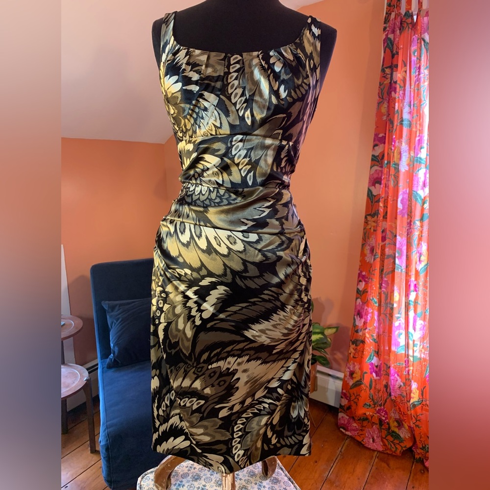 Satin, abstract wing print, black, grey, and off-white, silvery, fitted dress
